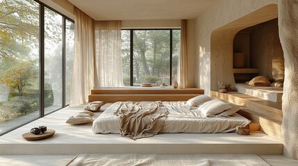 Wall Mural - Minimalist Zen Bedroom Sanctuary: A serene and tranquil bedroom design with a raised platform bed, soft natural light, and earthy tones.  The space is perfect for relaxation and meditation. 