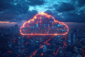 Wall Mural - futuristic cloud computing concept digital icons floating around cloud cityscape backdrop