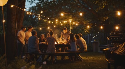 a warm, festive gathering of friends enjoying an evening meal at a garden table, illuminated by stri