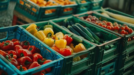 Canvas Print - Vibrant, colorful vegetables arranged in plastic crates at a market, offering a fresh and healthy variety of produce under natural light.