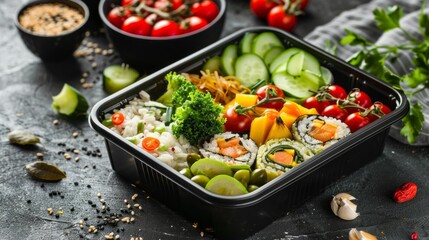 A black plastic container filled with a variety of vegetables and sushi