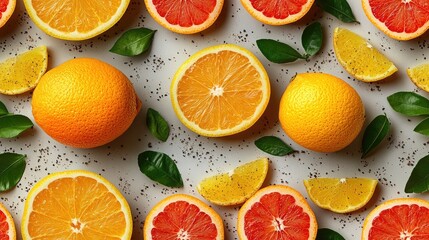 Wall Mural - Seamless pattern A vibrant pattern of sliced oranges and grapefruits with green leaves on a light background, showcasing the freshness and color of citrus fruits.