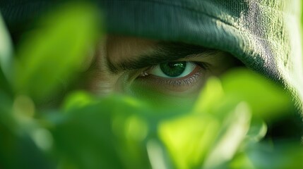 Close-up of a person's eye partially hidden behind green leaves, wearing a hood. The image conveys mystery and intensity.