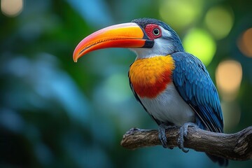 majestic redbilled hornbill perched on a gnarled branch vivid feathers and distinctive beak captured in photorealistic detail against a softfocus lush tropical background