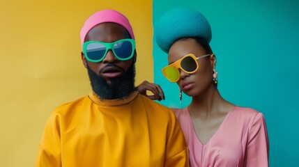 Stylish individuals in bold and colorful outfits, set against a vibrant background, exuding confidence and modern fashion flair.