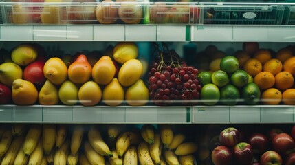 Sticker - A colorful assortment of fruits, including bananas, pears, apples, and grapes, displayed neatly in a refrigerated section of a grocery store.