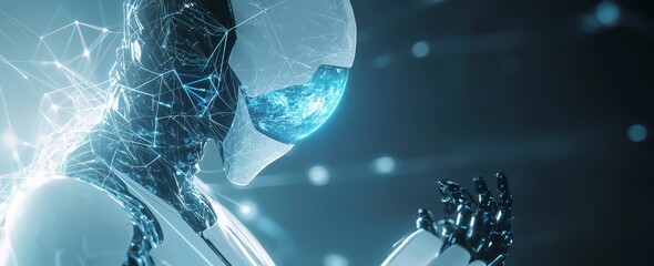 Poster - white robot woman using holographic 3d rendering with digital sphere connection