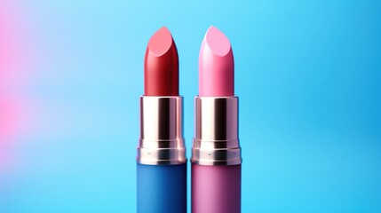 Red and Pink Lipsticks on a Blue Background