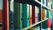 © VK Studio - A colorful row of office binders neatly arranged on a shelf, illustrating organization and systematic archiving in a work environment.