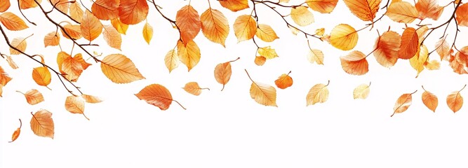 Autumn leaves in the air, white background, copy space concept, wide banner with autumn tree branch with yellow and orange leaves, banner design