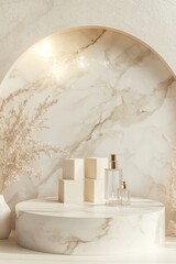 Aufkleber - The most beautiful podium stand with empty cube box for displaying cosmetic products. trendy beauty background with marble stone texture.
