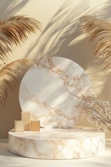 Aufkleber - The most beautiful podium stand with empty cube box for displaying cosmetic products. trendy beauty background with marble stone texture.