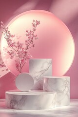 Aufkleber - The most beautiful podium stand with empty cube box for displaying cosmetic products. trendy beauty background with marble stone texture.