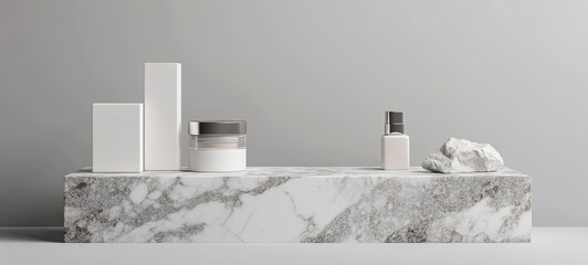 Aufkleber - The most beautiful podium stand with empty cube box for displaying cosmetic products. trendy beauty background with marble stone texture.
