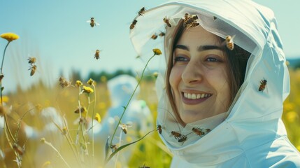 A smiling beekeeper surrounded by bees in a sunny field, embodying the harmony between humans and nature.