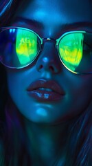 Wall Mural - Woman wearing sunglasses reflecting green neon light