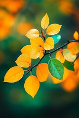 Poster - Closeup of vibrant yellow leaves on a branch, showcasing the beauty of autumn.