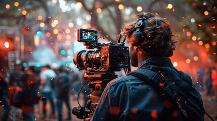 A cameraman with professional gear recording a vibrant outdoor festival event, surrounded by a bustling crowd and twinkling lights, illustrating the spirit of celebration.