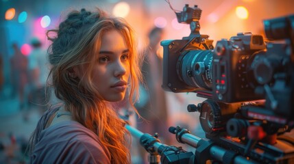 A young woman with long hair and casual attire stands focused in front of a professional camera setup in a colorful, somewhat chaotic studio environment with bokeh lights.