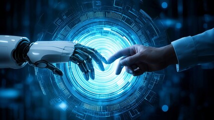 Wall Mural - An image of robot and human hands touching the connection between big data networks, science, stock technology, innovation, and the future, AI, machine learning.