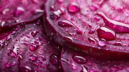 Wall Mural - Detailed macro shot of beet slices covered in tiny water droplets, emphasizing their vivid, almost translucent red color and natural beauty.