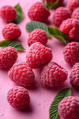 Sweet raspberries on a light pink background,