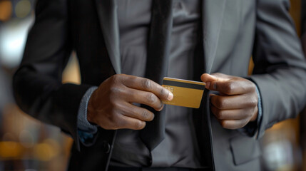 Poster - A man in a suit holding a gold credit card
