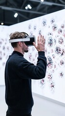 Poster - A digital gallery showcasing AI-generated art, with viewers interacting with the pieces through virtual reality headsets. The image includes generous copy space for additional elements.
