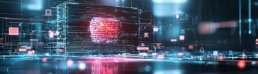 Poster - A large screen displays a dynamic piece of AI-generated art, surrounded by icons representing various AI technologies. The scene is designed with ample copy space.