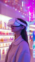 Poster - Woman experiencing virtual reality shopping in retail store