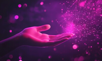 Poster - Future technology with polygonal shapes. Woman grasping global network connection. Internet communication, wireless technology. Concepts of metaverse technology.