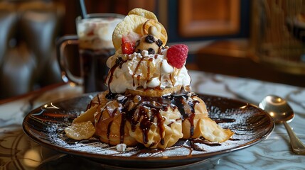 Dessert served on an antique plate with pancake chips and bubble tea on top