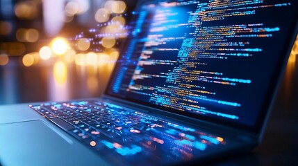Poster - A close-up of a laptop displaying vibrant code on its screen, illuminated by ambient light, showcasing technology and innovation.