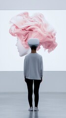 Poster - A digital artist collaborates with AI to create a unique piece of art, displayed on a large screen in a modern studio. The background offers generous copy space.