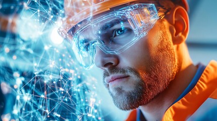 Poster - A focused engineer in safety gear analyzes digital data, embodying innovation and technology in the modern workspace.