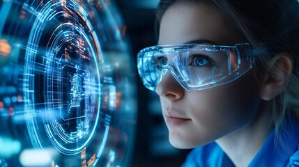 Poster - A focused woman using advanced technology with smart glasses, exploring high-tech data and digital interfaces.