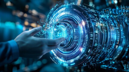 Poster - A futuristic hand reaching towards a glowing digital interface, showcasing advanced technology and innovation.