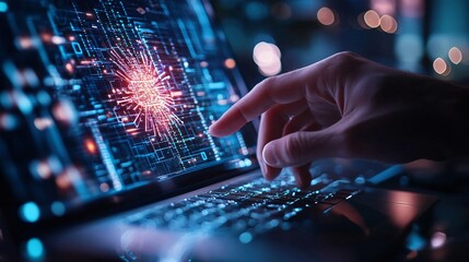 Poster - A hand interacts with a glowing interface on a laptop, showcasing cutting-edge technology and digital computing.