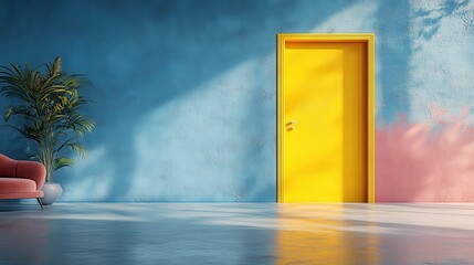 Leinwandbilder - 3d render yellow blue backgroun3d with open door room interior design element modern minimal opportunity metaphor