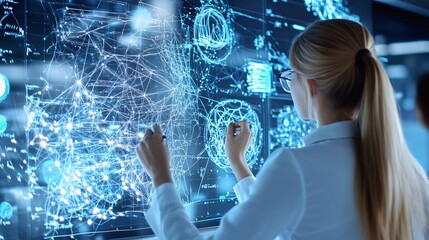 Poster - A scientist interacts with a futuristic holographic interface, analyzing complex data and visualizations in a high-tech environment.