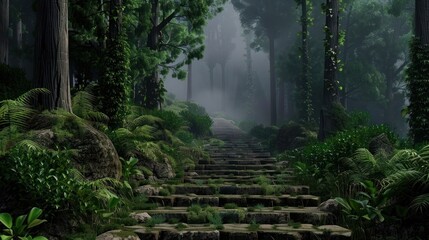 Mysterious Stone Steps Leading Into Dense Foggy Forest.