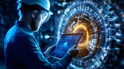 Poster - A technician analyzes data on a tablet with futuristic graphics and technology in a modern industrial setting.