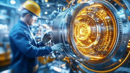 Poster - A technician works on advanced machinery, showcasing the intricate design and vibrant energy of modern industrial technology.