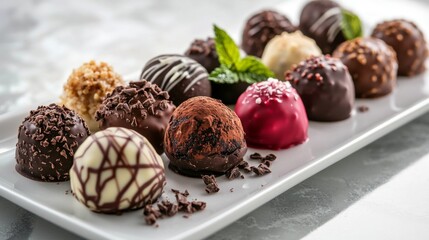 Aufkleber - A variety of chocolate truffles arranged artfully on a white plate, with different flavors and toppings, creating an elegant and appetizing display.