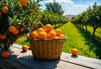 A basket of fresh juicy oranges in an orchard