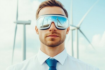 Engineer with wind turbines reflected in safety goggles, vision for the future, renewable energy, wind turbine innovation