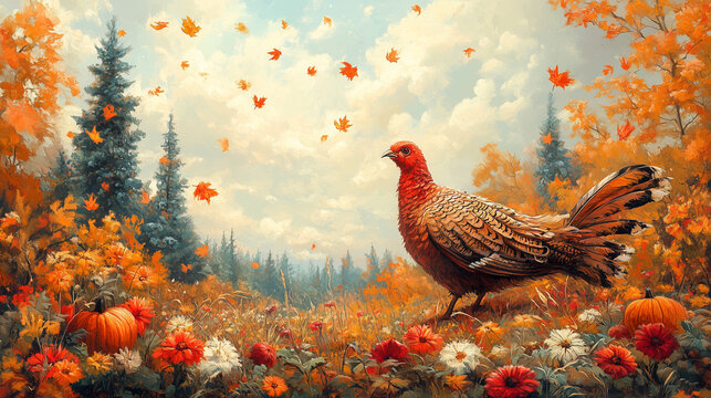 Thanksgiving card with autumn leaves, flowers and fruits, turkey in the foreground