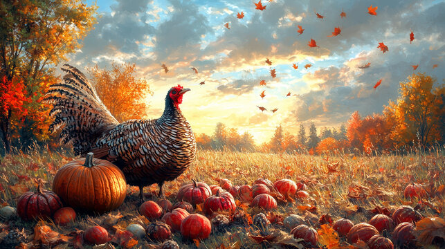 Thanksgiving card with autumn leaves, flowers and fruits, turkey in the foreground