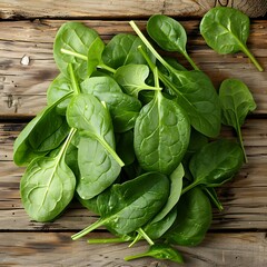 Wall Mural - Fresh Spinach Leaves on Rustic Wooden Background