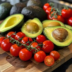 Wall Mural - Fresh Avocados and Cherry Tomatoes on a Cutting Board